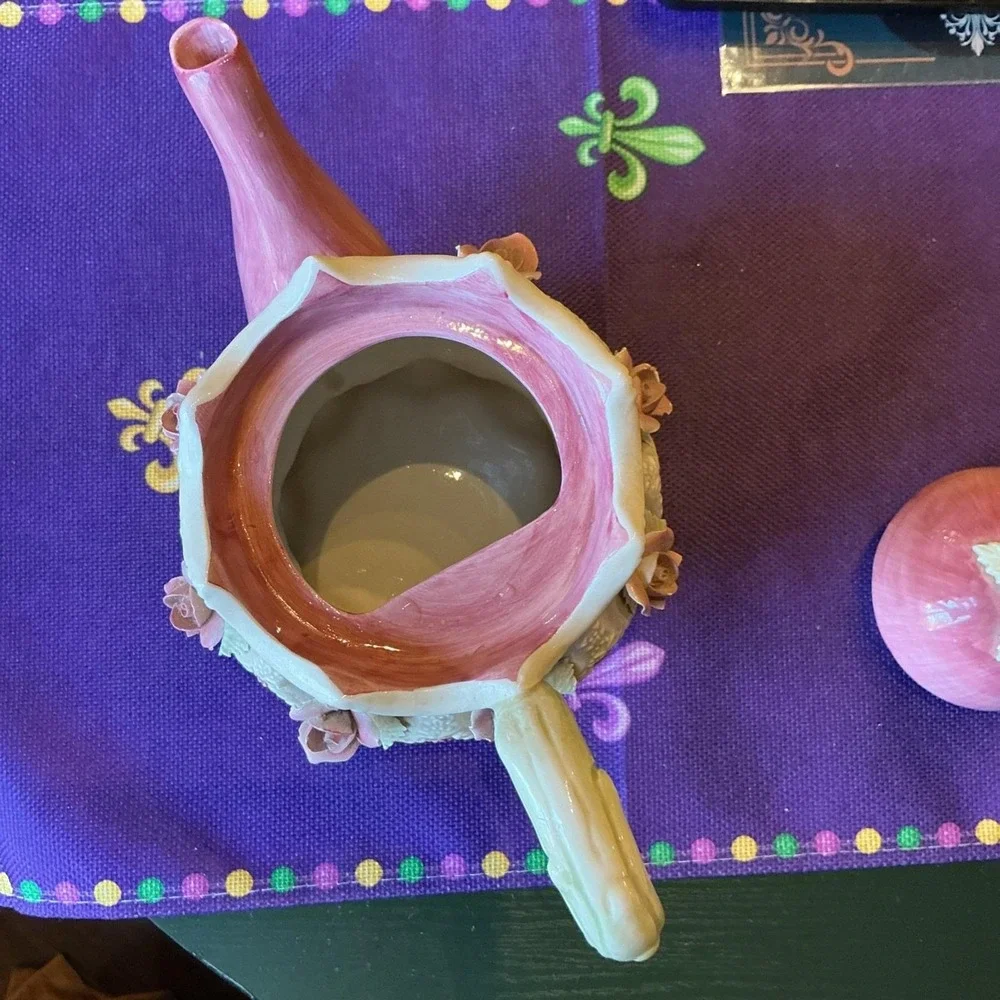 Antique‎ Majolica Teapot Pink Victorian 3D Roses (Damaged)